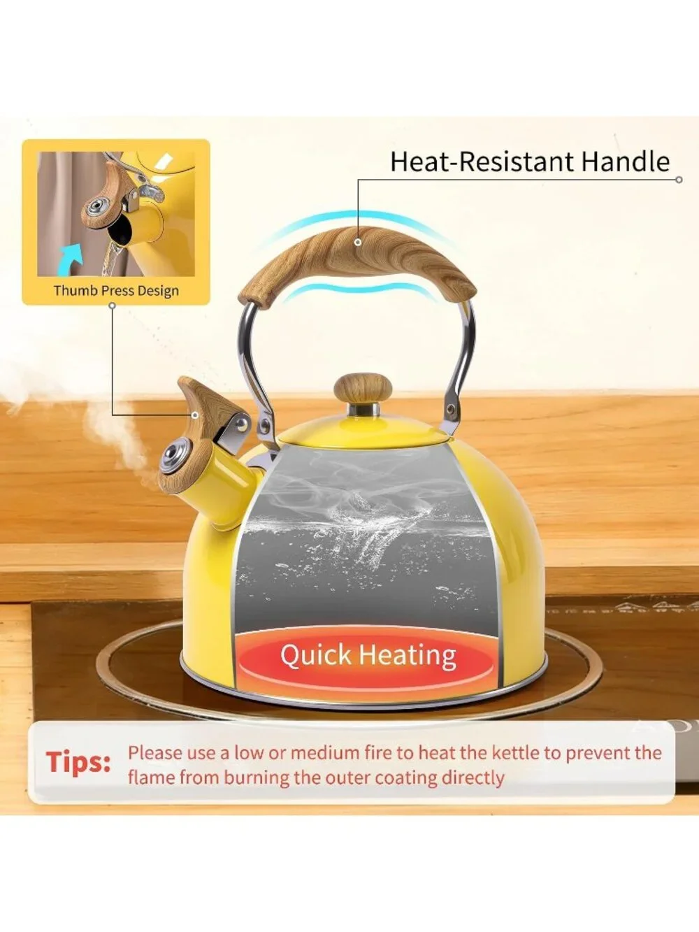 Yellow Kitchen Whistling Tea Kettle 2.5 QT Stainless Steel Wood Folding Handle
